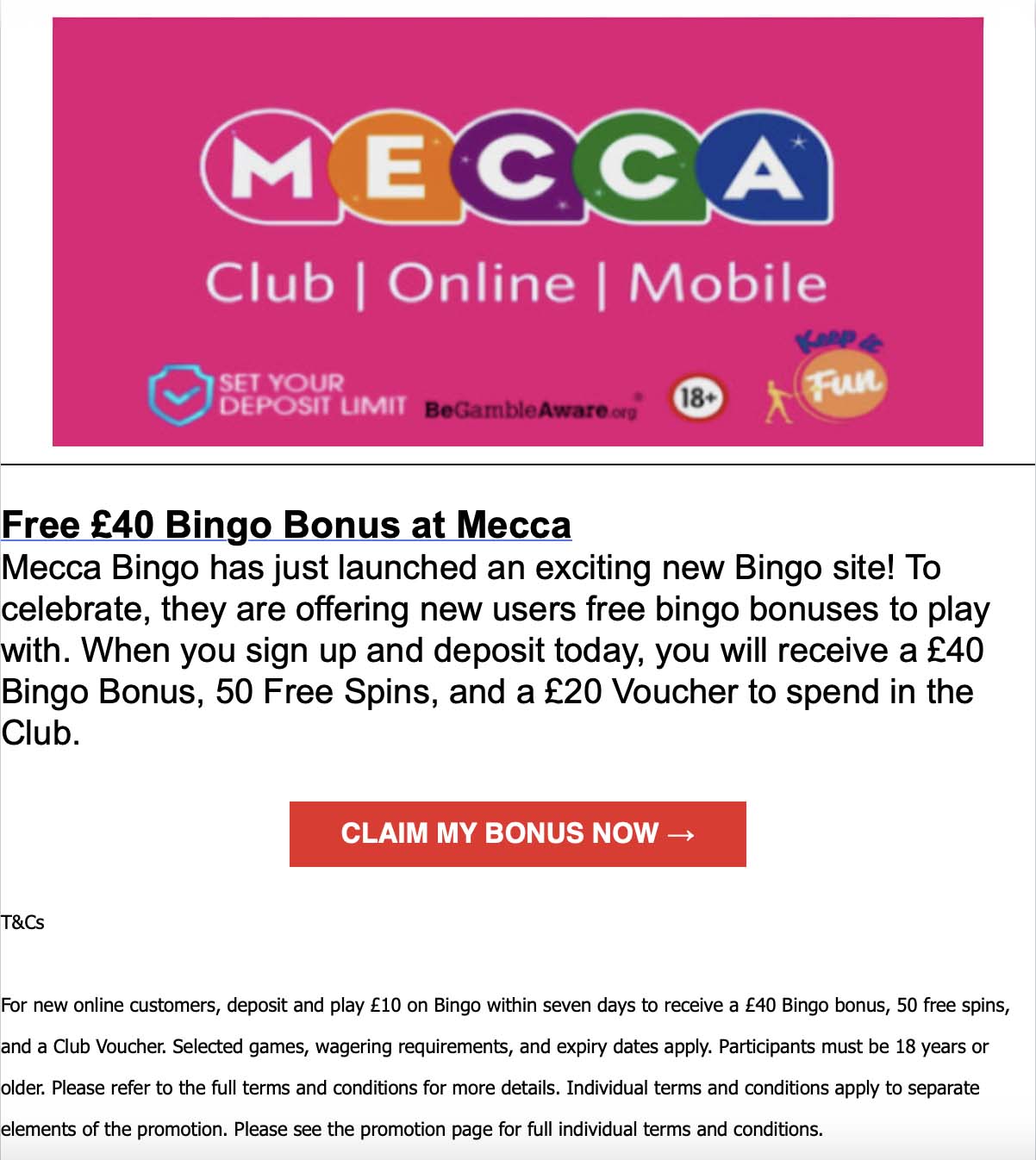 mecca-bingo-offer Free £40 Bingo Bonus at Mecca