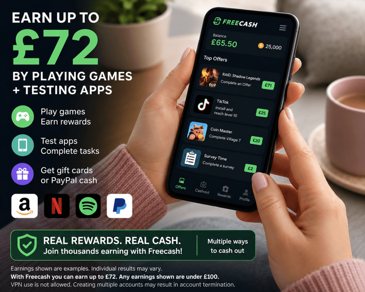 Earn Up To £72 by Watching Playing Games + Testing Apps